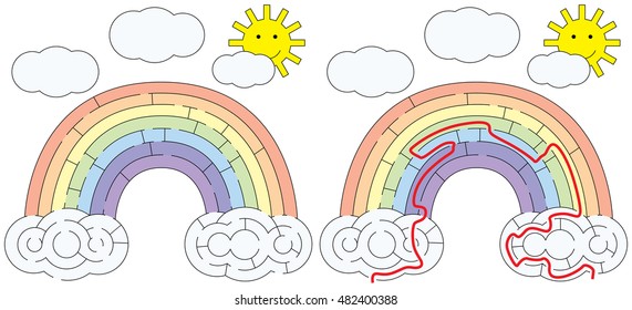 Easy rainbow maze for younger kids with a solution