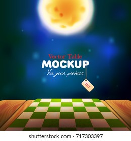 Easy to recolor, realistic and beautiful wooden table top (tabletop, desk board) mockup with table cloth (green and white cells) and moon on blurred blue background (moonlight night). Vector