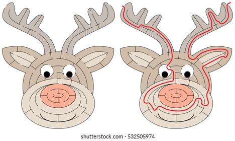 Easy reindeer maze for younger kids with a solution