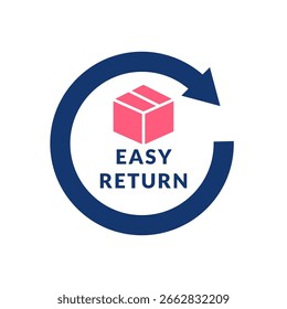 Insignia fácil de la vuelta con el icono de la caja del paquete y la flecha circular en Ilustración vectorial azul y rosa