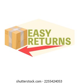 Fácil retorno de parcela, garantía ecommerce ilustración vectorial. Caricatura botón aislado o insignia con flecha, caja de cartón con mercancías y texto fácil de devolver, garantía de confianza y satisfacción del cliente