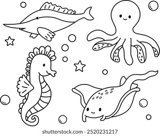 Easy sea animals coloring page set. Cute cartoon characters set. Ocean fish .Sea Animal Coloring Adventure. swordfish, stingray, octopus, seahorse, ocean creatures.Cute vector illustration