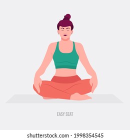 Easy Seat Yoga pose. Young woman practicing yoga  exercise. Woman workout fitness, aerobic and exercises. Vector Illustration.