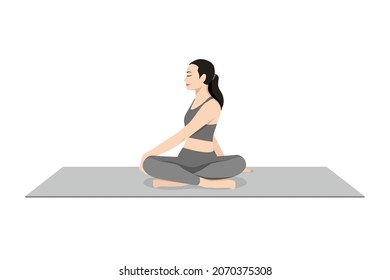 Easy Seated Twist Pose, Beautiful girl practice Parivrtta Sukhasana. Young attractive woman practicing yoga exercise. working out, black wearing sportswear, grey pants and top, calmness and relax.