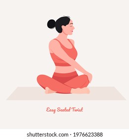 Easy Seated Twist Yoga pose. Young woman practicing yoga  exercise. Woman workout fitness, aerobic and exercises. Vector Illustration.