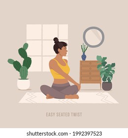 Easy seated Twist Yoga pose. Young woman practicing yoga  exercise. Woman workout fitness, aerobic and exercises. Vector Illustration.