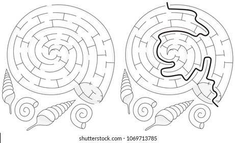 Easy shell maze for kids with a solution in black and white