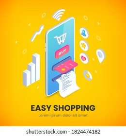 Easy shopping banner concept. Online store shopping Isometric creative design template with smartphone integrated ATM, cart, credit card, receipt, icons and graphs. E-commerce vector illustration.