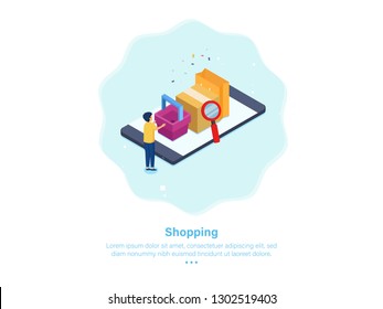 Easy Shopping with Mobile Appliation. Shopping Concept. 3d Isometric Vector Illustration.