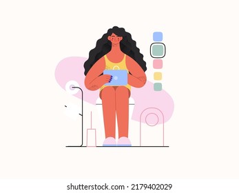 Fácil compra - Serie de compras en línea y comercio electrónico - moderna ilustración de un vector plano de la mujer en la compra de retretes en línea. Concepto de promoción, descuentos, ventas y pedidos online