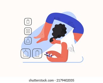 Easy shopping - Online shopping and electronic commerce series - modern flat vector concept illustration of a woman doing yoga and shopping. Promotion, discounts, sale and online orders concept