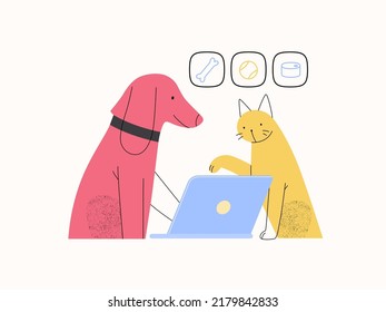 Easy shopping - Online shopping and electronic commerce series - modern flat vector concept illustration of pets doing an order online on laptop. Promotion, discounts, sale and online orders concept