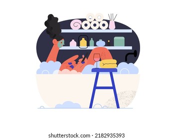 Fácil compra - Serie de compras en línea y comercio electrónico - moderna ilustración de un vector plano de una mujer bañándose. Concepto de promoción, descuentos, ventas y pedidos online