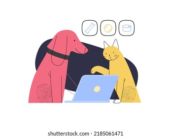 Easy shopping - Online shopping and electronic commerce series - modern flat vector concept illustration of pets doing an order online on laptop. Promotion, discounts, sale and online orders concept