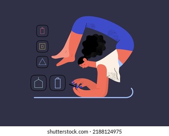 Easy shopping - Online Shopping und Electronic Commerce Serie - moderne flache Vektorgrafik einer Frau Yoga und Shopping. Konzept der Verkaufsförderung, Rabatte, des Verkaufs und der Online-Bestellungen