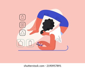 Easy shopping - Online shopping and electronic commerce series - modern flat vector concept illustration of a woman doing yoga and shopping. Promotion, discounts, sale and online orders concept