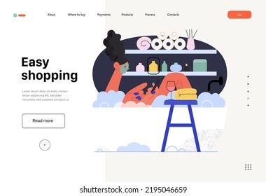 Easy shopping - Online shopping and electronic commerce web template - modern flat vector concept illustration of a woman taking a bath. Promotion, discounts, sale and online orders concept