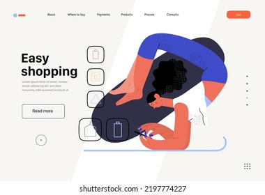 Easy shopping - Online shopping and electronic commerce web template - modern flat vector concept illustration of a woman doing yoga and shopping. Promotion, discounts, sale and online orders concept