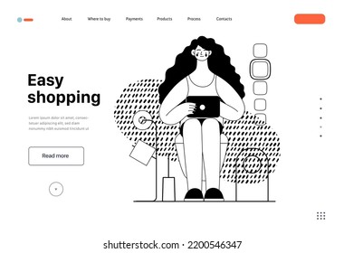 Easy shopping -Online shopping and electronic commerce web template - modern flat vector concept illustration of a woman in toilet shopping online. Promotion, discounts, sale and online orders concept