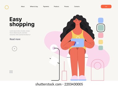 Easy shopping -Online shopping and electronic commerce web template - modern flat vector concept illustration of a woman in toilet shopping online. Promotion, discounts, sale and online orders concept