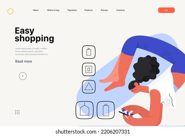 Fácil compra - Compra en línea y plantilla web de comercio electrónico - moderna ilustración de un vector plano de una mujer haciendo yoga y compras. Concepto de promoción, descuentos, ventas y pedidos online