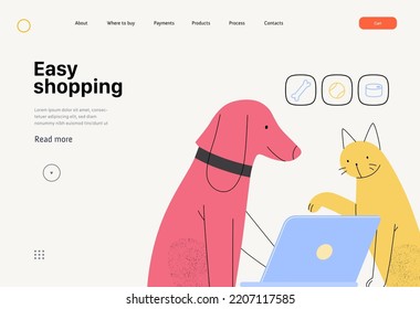 Easy shopping -Online shopping and electronic commerce web template -modern flat vector concept illustration of pets doing order online on laptop. Promotion, discounts, sale and online orders concept