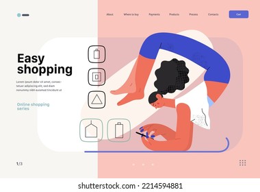 Leichtes Einkaufen - Online-Shopping und E-Commerce Web-Vorlage - moderne flache Vektorgrafik einer Frau, die Yoga und Shopping macht. Konzept der Verkaufsförderung, Rabatte, des Verkaufs und der Online-Bestellungen