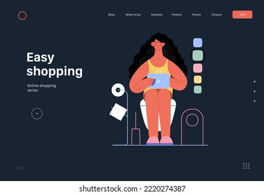 Fácil compra - Compra en línea y plantilla web de comercio electrónico - moderna ilustración de concepto de vector plano de una mujer en la compra de retretes en línea. Concepto de promoción, descuentos, ventas y pedidos online