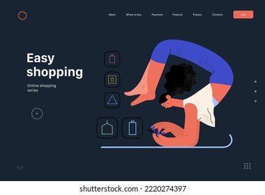 Easy shopping - Online shopping and electronic commerce web template - modern flat vector concept illustration of a woman doing yoga and shopping. Promotion, discounts, sale and online orders concept