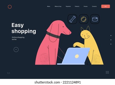 Fácil compra -Tienda en línea y plantilla web de comercio electrónico - moderna ilustración de concepto de vector plano de mascotas haciendo pedidos en línea en el portátil. Concepto de promoción, descuentos, ventas y pedidos online