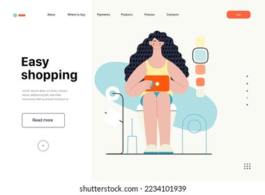 Easy shopping - Online shopping and electronic commerce series - modern flat vector concept illustration of a woman in toilet shopping online. Promotion, discounts, sale and online orders concept