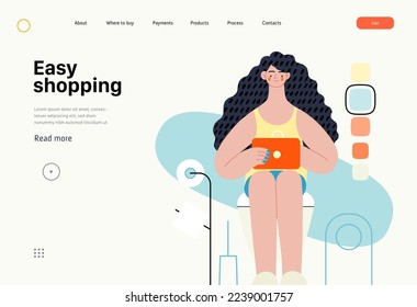 Easy shopping - Online-Shopping und E-Commerce Serie - moderne flache Vektorgrafik einer Frau im Toiletteneinkauf online. Konzept der Verkaufsförderung, Rabatte, des Verkaufs und der Online-Bestellungen