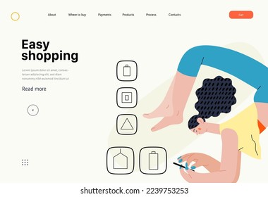 Easy shopping - Online shopping and electronic commerce series - modern flat vector concept illustration of a woman doing yoga and shopping. Promotion, discounts, sale and online orders concept
