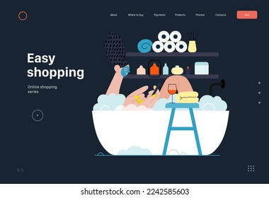 Easy shopping - Online shopping and electronic commerce series - modern flat vector concept illustration of a woman taking a bath. Promotion, discounts, sale and online orders concept
