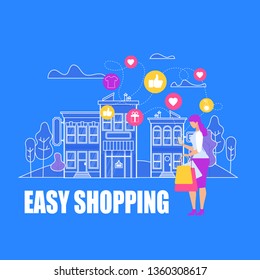 Easy Shopping. Young Woman Stand with Shop Paper Bags Making Online Purchase Via Smartphone on Blue Background with Outline Strore Building. Sale, Gadget, Consumerism Cartoon Flat Vector Illustration