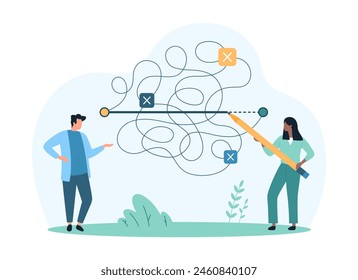 Easy and shortcut way to solve business problem. Tiny people draw straight line between two points with pencil, choose simplicity, simplify difficult complex route cartoon vector illustration