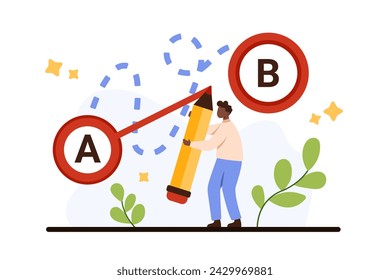 Easy or shortcut way to solve hard work problem, simplify business task. Tiny man with pencil drawing straight line of shortest road from point A to B instead of dots path cartoon vector illustration