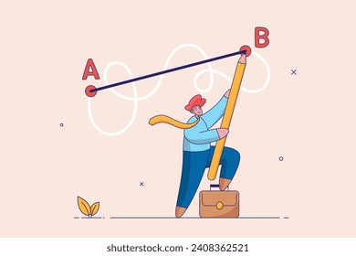 Easy or shortcut way to win business success or hard path and obstacle concept. Man holding pen in hand leads a drawing line from point A to point B, Straight and complicated path.