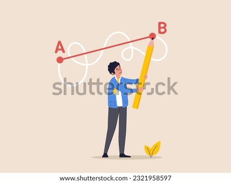 Easy or shortcut way to win business success or hard path and obstacle concept. Man holding pen in hand leads a drawing line from point A to point B, Straight and complicated path.