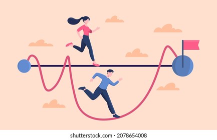 Easy or shotcut way. Man runs in curved line, while girl runs in straight line. Road to success, achievement of goals and dreams. Innovation, invention, creativity. Cartoon flat vector illustration