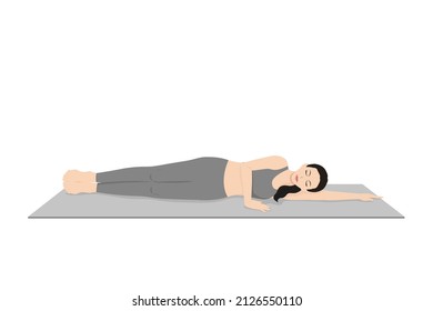 Leichte seitliche Verjüngung Pose Variation. Schönes Mädchen üben Sahaja Anantasana Variation. Junge attraktive Frau, die Yoga trainiert. Arbeitskleidung, Sportbekleidung, graue Hose und Draufsicht