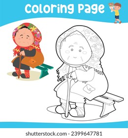 Easy and simple colouring page for kids. A grandmother sitting on a bench and holding a cane stick. International Senior Citizen Day Edition. Coloring World Elderly Day Theme