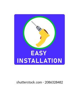 Easy simple installation icon with power drill symbol in circle. Round and square shape. Isolated vector illustration, clipart, sign. Design template for website elements, sticker, tag and other use.