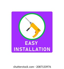 Easy simple installation icon with power drill symbol in circle. Round and square shape. Isolated vector illustration, clipart, sign. Design template for website elements, sticker, tag and other use.