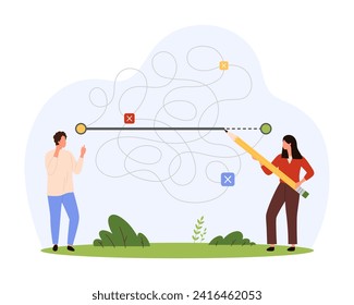 Easy and simple solution to difficult complex problem, simplicity. Tiny people with pencil choose shortest straight path between two goal points, find fast way and decision cartoon vector illustration