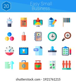 easy small business icon set. 20 flat icons on theme easy small business. collection of calendar, psd, calculator, process, zoom in, flag, suitcase, sort ascending, checklist