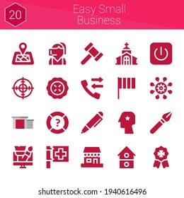 easy small business icon set. 20 filled icons on theme easy small business. collection of Hammer, Call, Warehouse, Head, Church, Help, Red cross, House, Badge, Pie, Flag