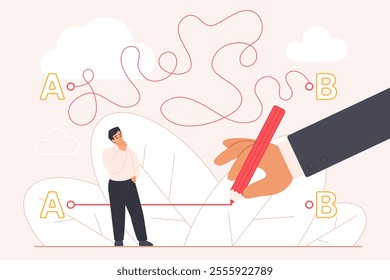 Easy solution to problem and career support, simple shortcut way from mentor. Giant hand of boss or coach drawing straight path to goal, line from point A to B for tiny man cartoon vector illustration