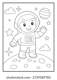 Dibujo para Colorear de Astronauta Espacial Fácil para Niños. Lindo astronauta en la escena del espacio exterior. Arte de línea audaz y fácil para niños.