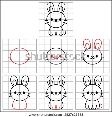 easy step by step cute bunny drawing sketch with grids to learn how to draw for kids